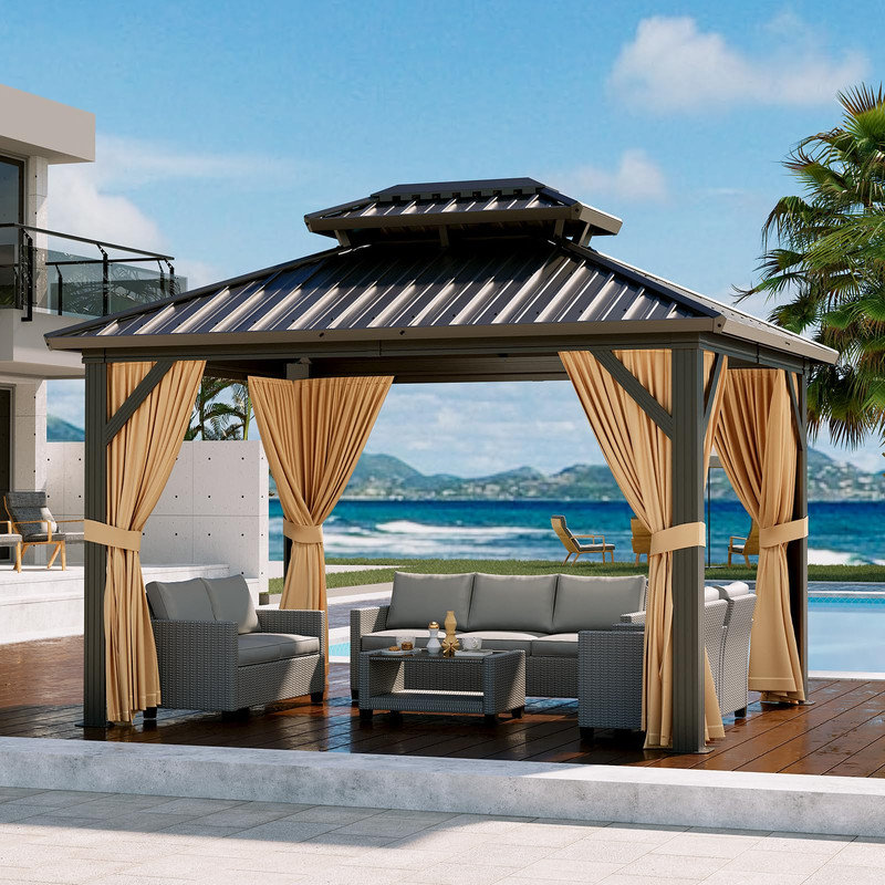 Hardtop Gazebo 10' x 12' Double Roof Aluminum Pavilion with Mosquito Netting and Curtains - All-Weather Patio Canopy for Backyard and Lawn