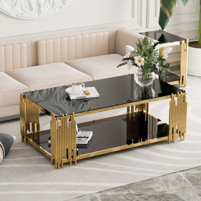  Kiane 51" L x 27.5" W 2-Tier Rectangle Black Tempered Glass Top Coffee Table, Deluxe Gold Stainless Legs Sofa Table