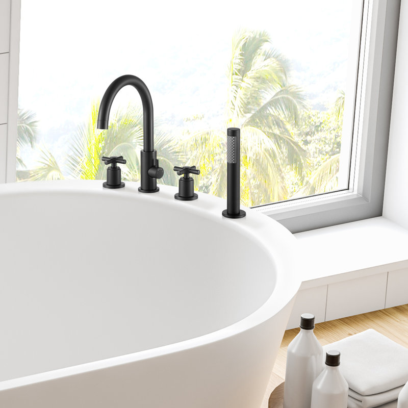 Sundale Cross Handles Deck-Mount Roman Tub Faucet with Handshower, Matte Black