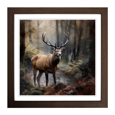 Stag In A Forest Realism - Single Picture Frame Print on Wood
