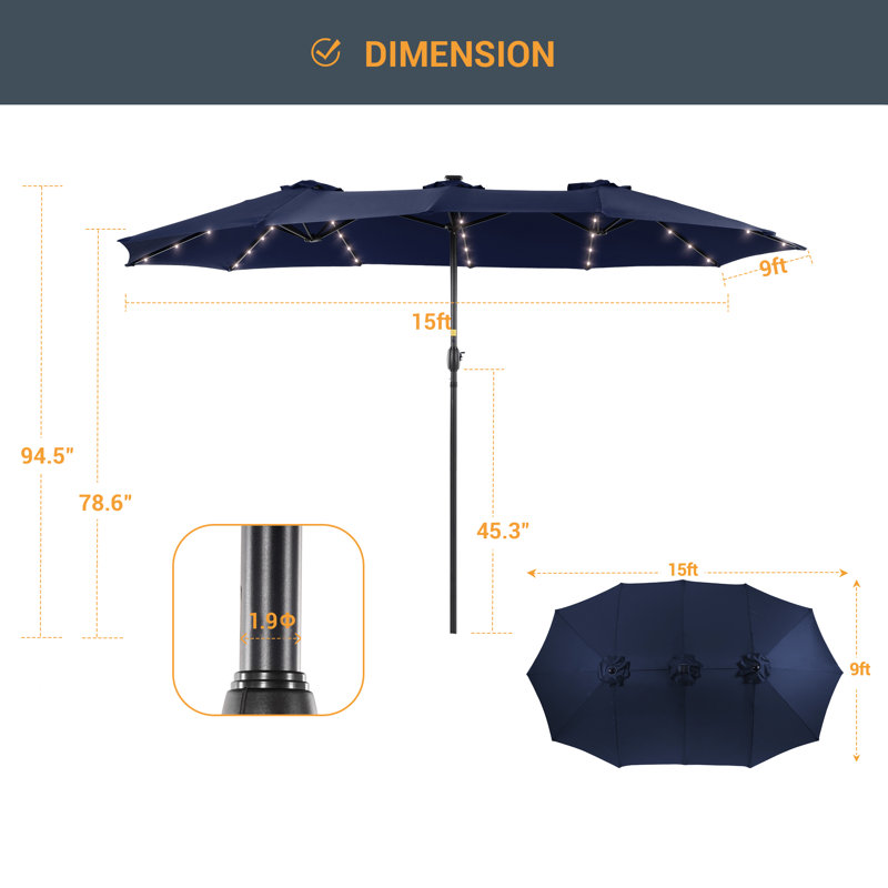 Parasol de marché rectangulaire de 15 pi x 9 pi avec lumières DEL Sadeen, parasol d'extérieur avec manivelle et inclinaison, tout-temps pour terrasse avec jardin et terrasse