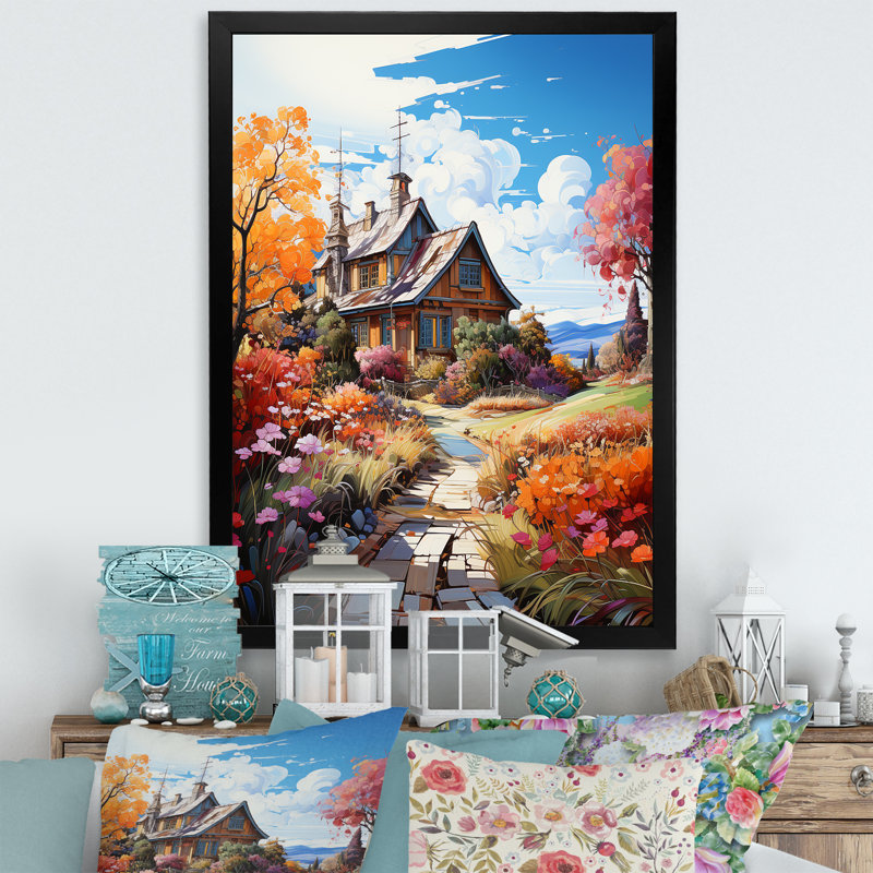 Fall Retreat Cottage Landscape 3 - Art mural paysage, Cadre simple noir, H 20 po x l 12 po x P 1 po