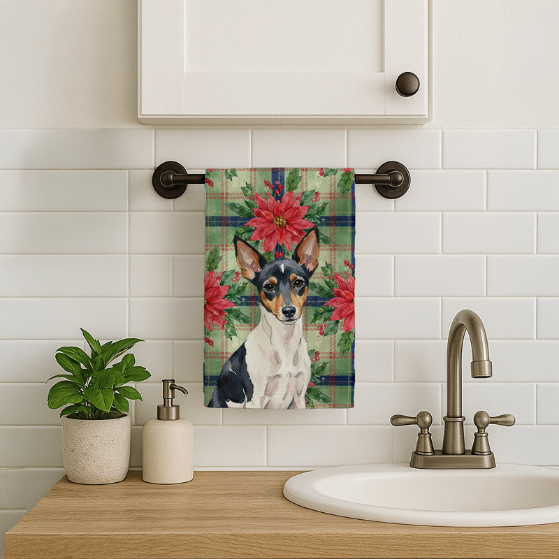 Toy Fox Terrier Christmas PoinsettIas Kitchen Towel, Black/White Toy Fox Terrier