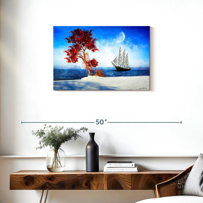 Arbre rouge Mehar et bateau, H 20 po x l 30 po