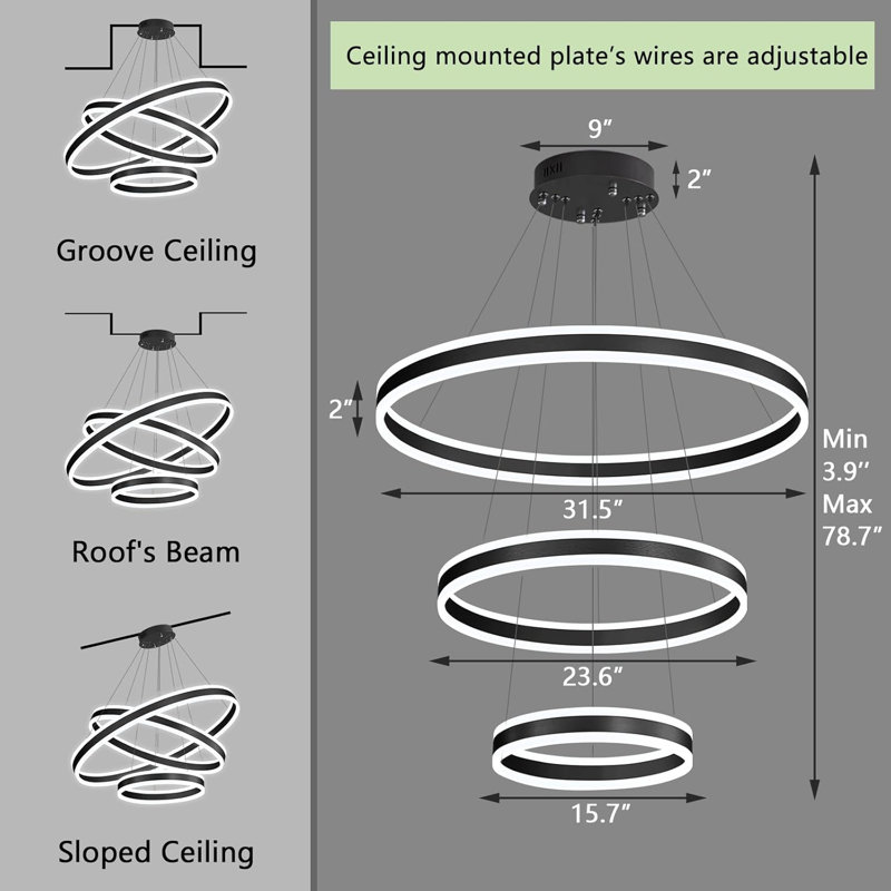 3 - Light Modern Led Dimmable Chandelier, Matte Black, Black