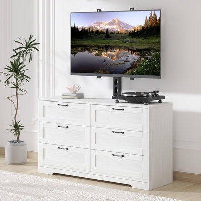 Wood Media Console & Entertainment Center with Mount: TV Stand Features 6 Drawers, Height-Adjustable Mount for 32/45/55/65/75/80 Inch TVs