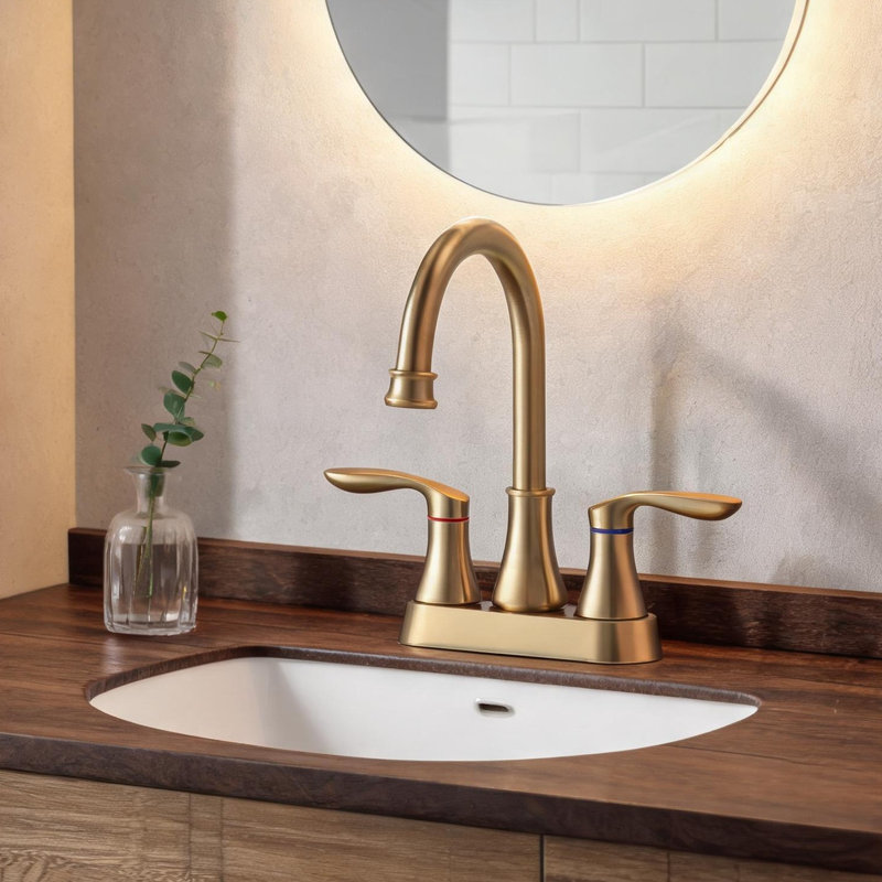 Robinet pour salle de bain 4 pièces à finition brossée en or brossé avec commande à deux poignées, bec pivotant à 360 degrés, bonde escamotable, robinet de salle de bain