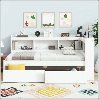 Twin L-Shaped Bookcase Bed - Power Outlets, USB Ports, and 2 Drawers