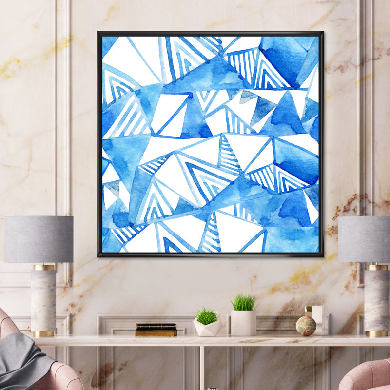 «Triangular Light Blue Geometrics On White II», reproduction d'art sur toile, H 30 po x l 30 po x P 1 po, Cadre flottant noir