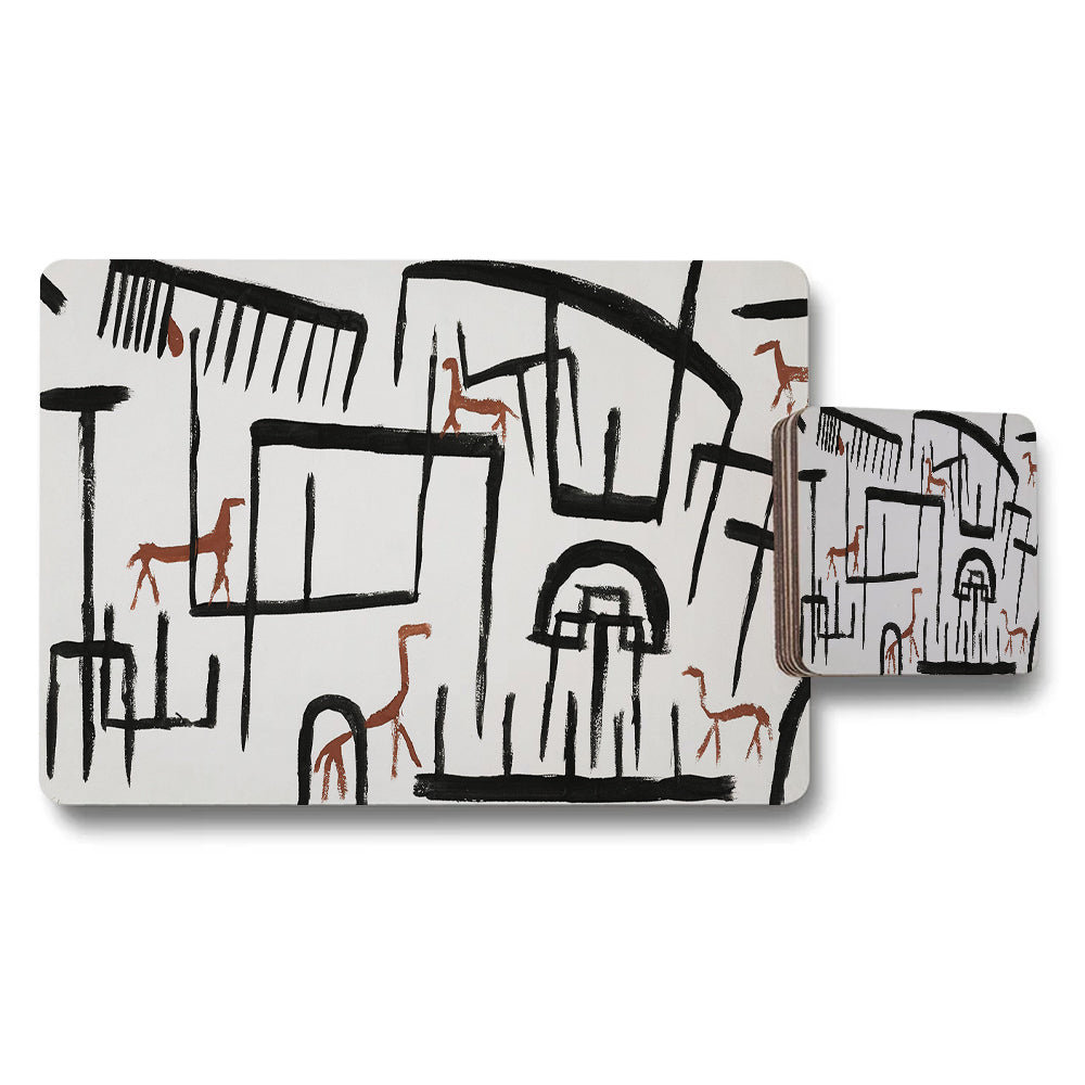 Abstract Line Art Placemat And Coaster Set With Horse Motifs