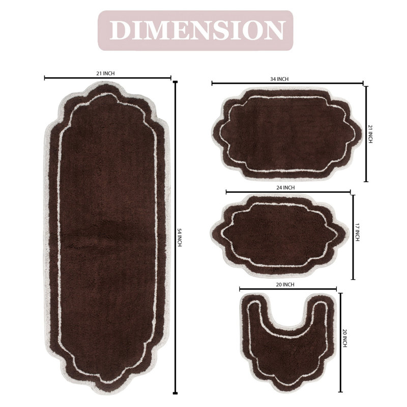 Dobrinsky 100% Cotton Bath Rug and Contour Mat, Machine Washable, Quick Dry, Non-Slip, Absorbent - 4 Piece Set, Brown