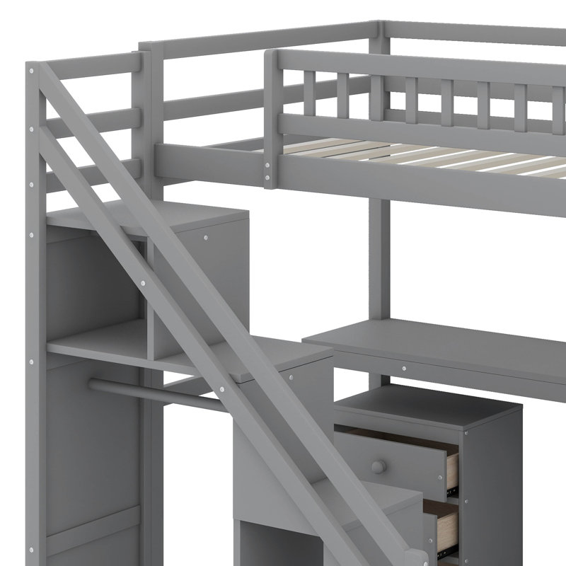  Lit mezzanine avec bureau et escalier de rangement, tiroirs et espace lumineux à DEL, Gris, Simple