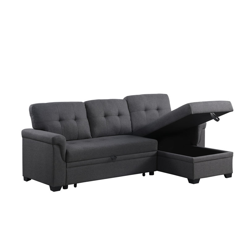 84" Dark Gray Linen Sectional With Reversible Sleeper, Storage, Plump Stitching Storage And 35" Height, Design