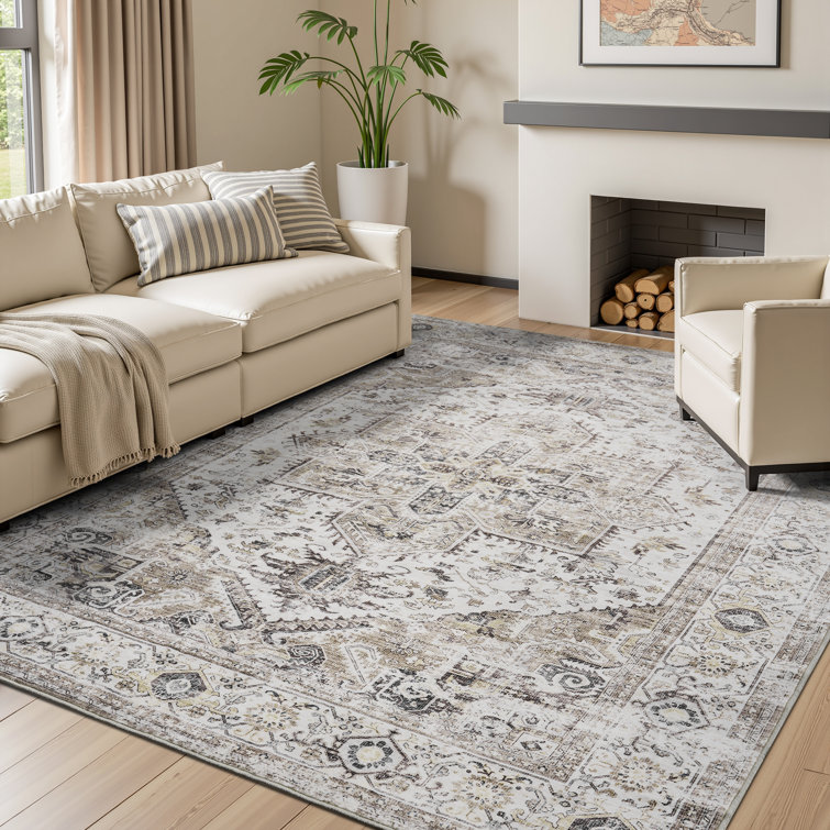 Oriental Machine Washable Brown/Cream Non-Slip Area Rug