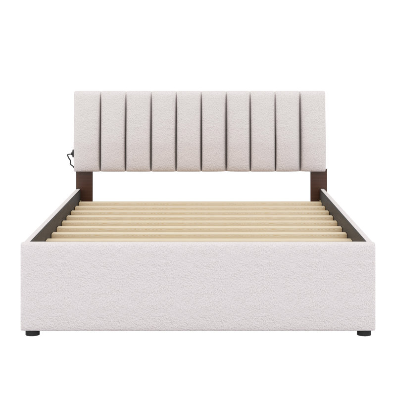 Upholstered Platform Bed With Trundle, Beige