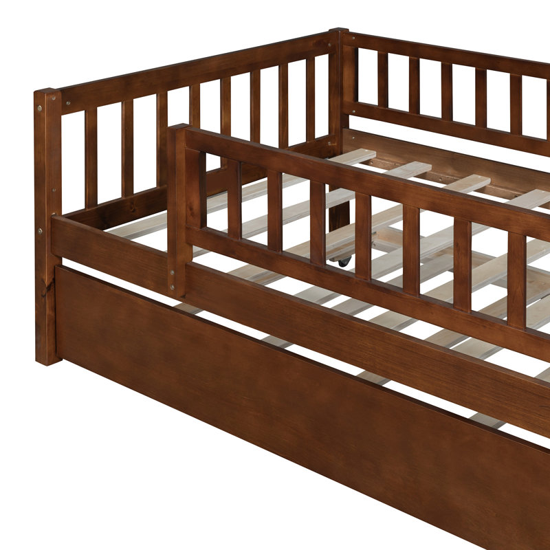 Wood Daybed With Trundle And Fence Guardrails, Walnut, Twin