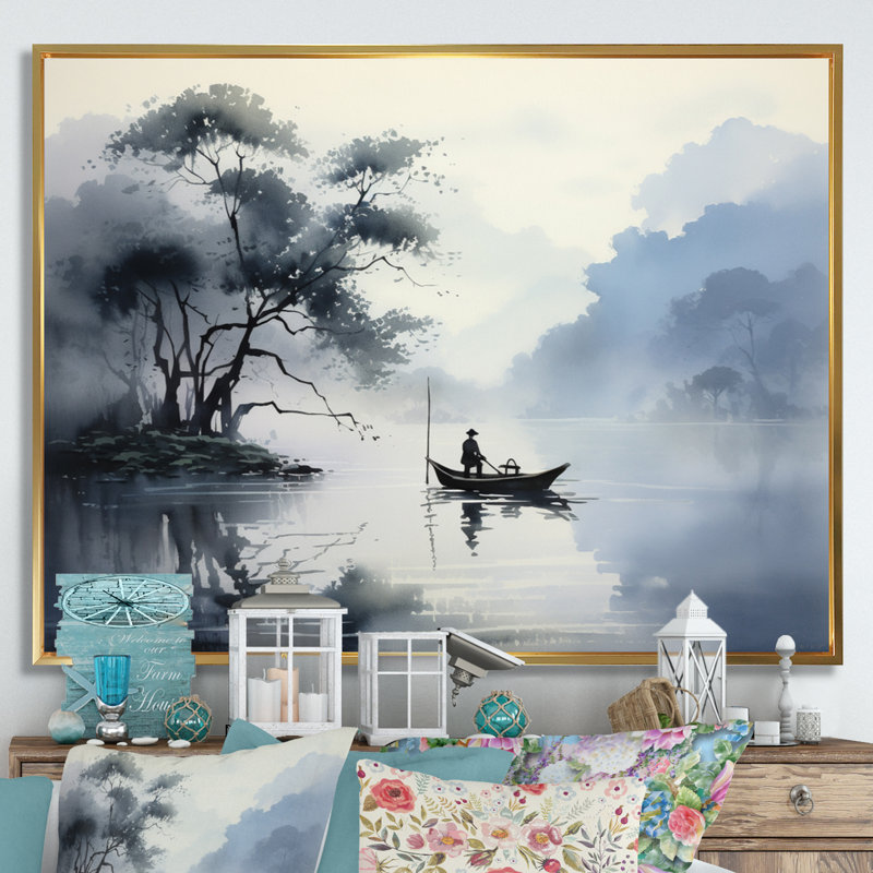 «Asian Art Ink Lake II», art mural asiatique, H 34 po x l 44 po x P 1,5 po, Cadre flottant doré