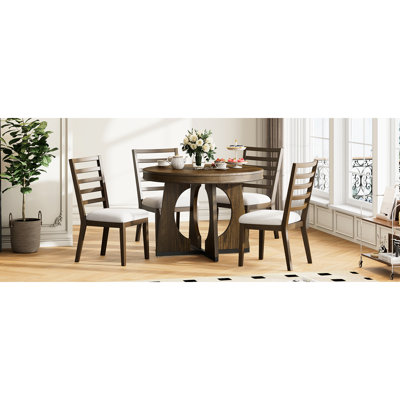 Retro 5 - Piece Dining With Extendable Round Table And Four Stylish Upholstered Chairs, 16" Leaf Extension Feature, Walnut Shade For Indoor Style Well