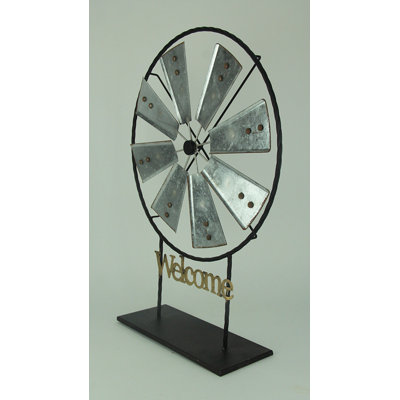 Jazlynn Farmhouse Black Metal Windmill Welcome Sign Sculpture with Galvanized Silver Blades and Gold Lettering — 26.75 Inches High
