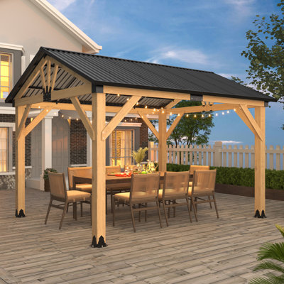 12 pi. L 10 pi. D Pavillon de jardin en bois massif, Pavillon de rangement extérieur avec toit en acier à pignon en métal pour jardin, porche, patio