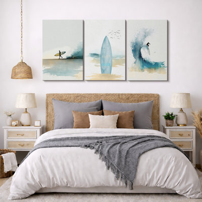 Coastal Beach Sun Sand Surf Light Blue Surfboard and Ocean Coastal Nautical Framed Canvas 3 Pieces Print Wall Art