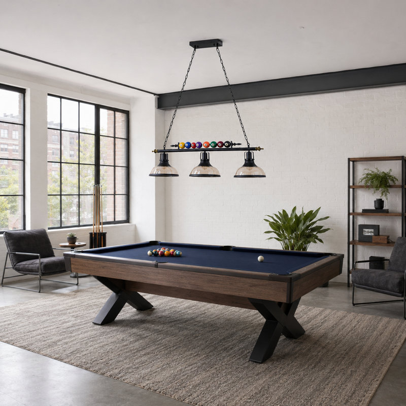 3 - Light Industrial Billiard Ball Dimmable Linear Chandelier with Amber Glass Shades