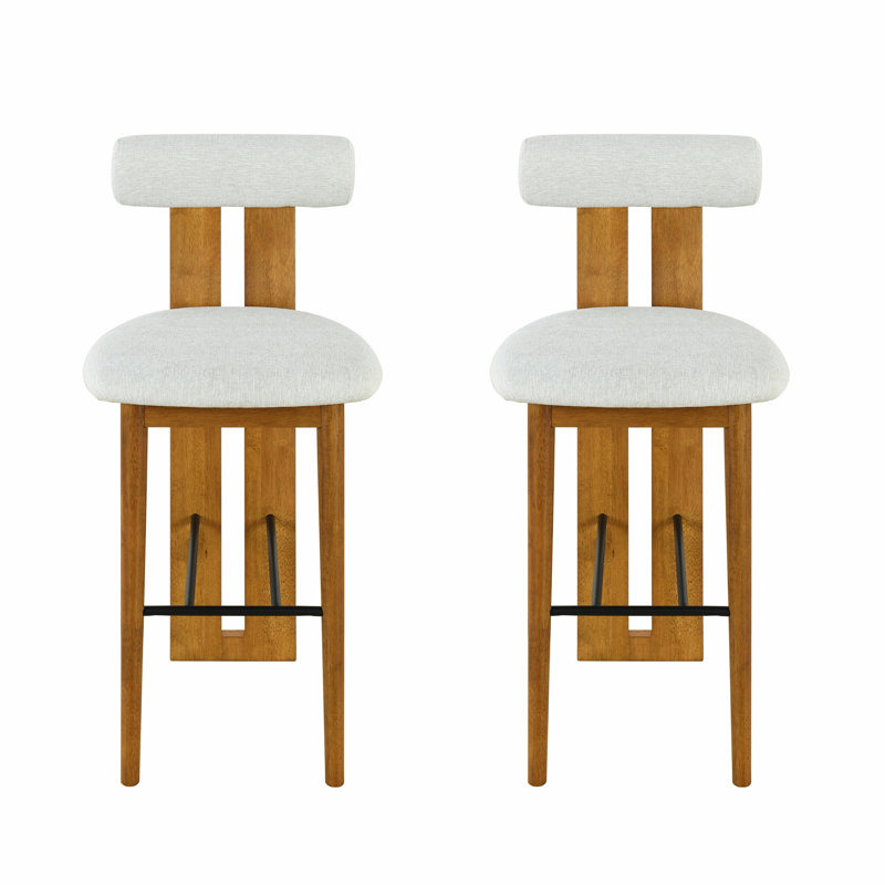 Set Of 2 Wooden Bar Stools, Upholstered Barstool For Indoor, Ivory Seat/Dark Brown Frame