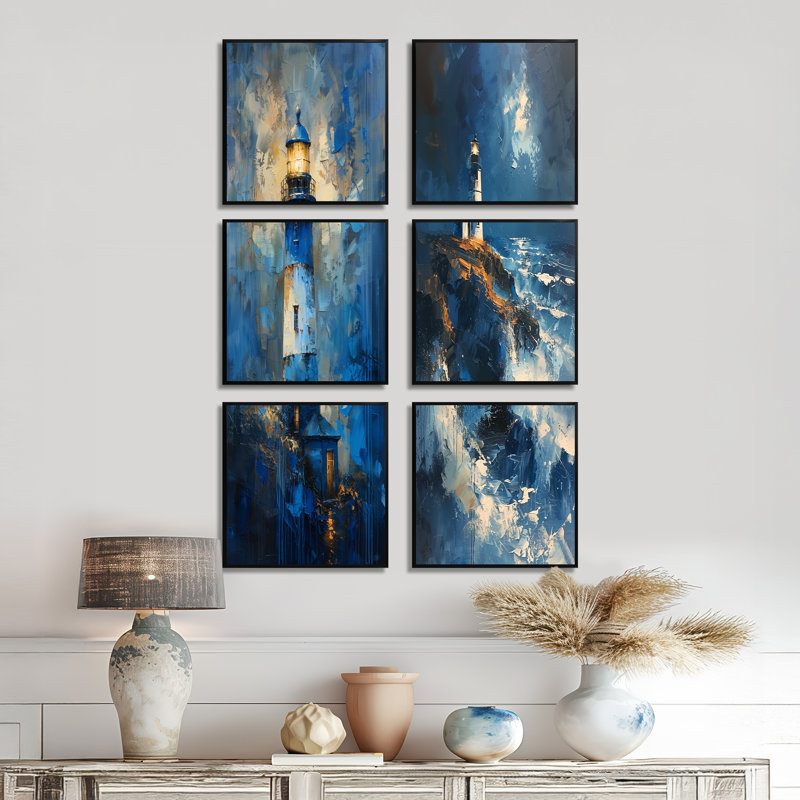 Tour de phare bleu orageux - ensemble de 6 reproductions d'art sur toile, Toile tendue, Ne s’applique pas