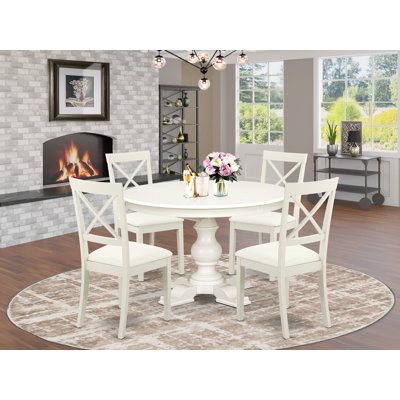 Ensemble de table de salle à manger 5 pièces 4 chaises en bois à dossier en X avec similicuir et table ronde / ovale - Finition lin blanc