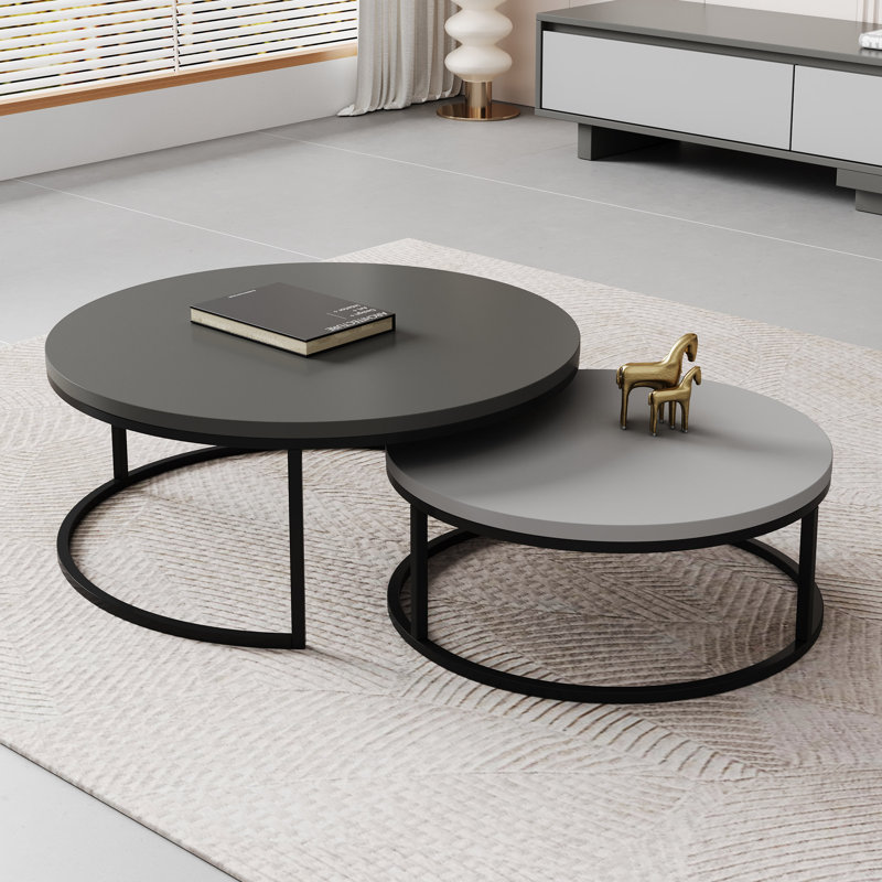 Modern Nesting Coffee Tables Set of 2, Round Walnut Wood Top with Black Metal Frame, Contemporary Living Room Tables, Grey