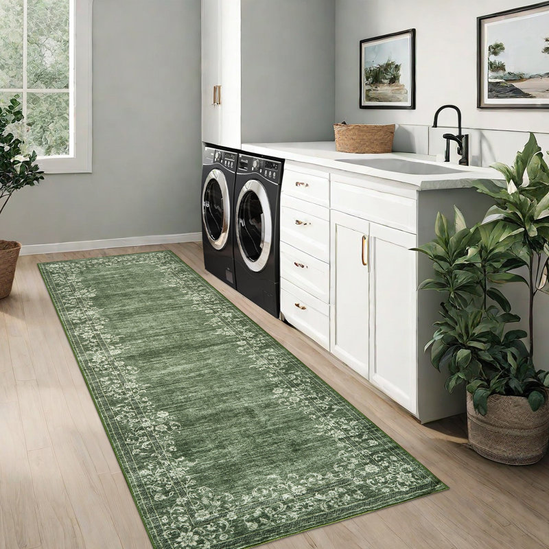 Tapis antidérapant lavable à la machine pour le salon Bordure florale à motif vieilli rétro, Tapis de couloir 2 pi x 6 pi