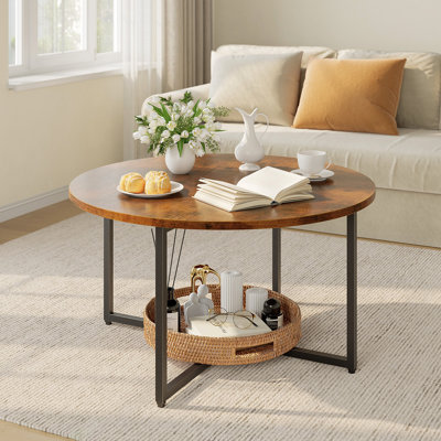 Round Multi-Purpose Desk with Cross Metal Base – Faux Wood Grain Top for Home or Office