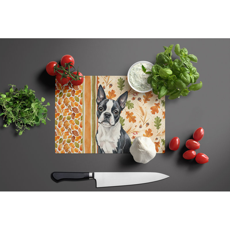 Boston Terrier Heirloom Fall Glass Cutting Board