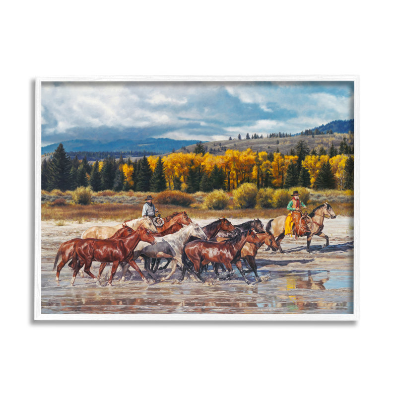 Cowboys, rivière au galop, paysage encadré sur bois par David Graham, peinture, H 16 po x l 20 po