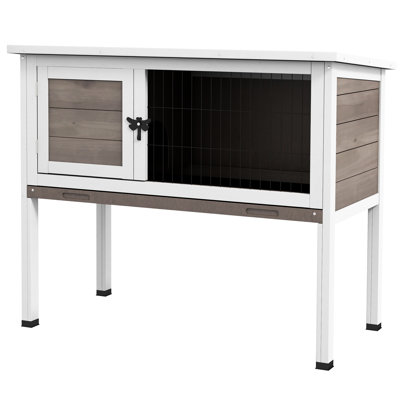 Cage surélevée intérieure / extérieure pour lapin simple, bois brun, toit en asphalte à charnières, plateau amovible, espace de rangement utilisable en dessous, protection contre les intempéries et restauration rapide, 33 po