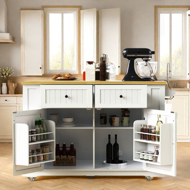 Grand îlot de cuisine roulant avec abattant, prise de courant, supports de rangement internes, 5 supports latéraux ouverts, 2 tiroirs, une tablette réglable