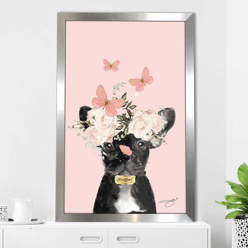 «Flower Frenchie (Vertical)» par By Jodi - impression, Encadrement argenté, H 39,5 po x l 27,5 po x P 0,75 po