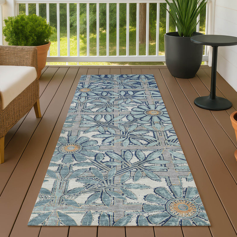 Machine Washable Indoor/Outdoor Chantille ACN2775 Floral Rug, Seafoam, 2'3" x 7'6" Runner