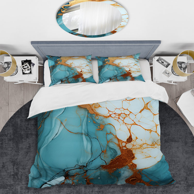 Ensemble de housse de couette en marbre or et bleu, Housse de couette pour très grand lit et 2 très 