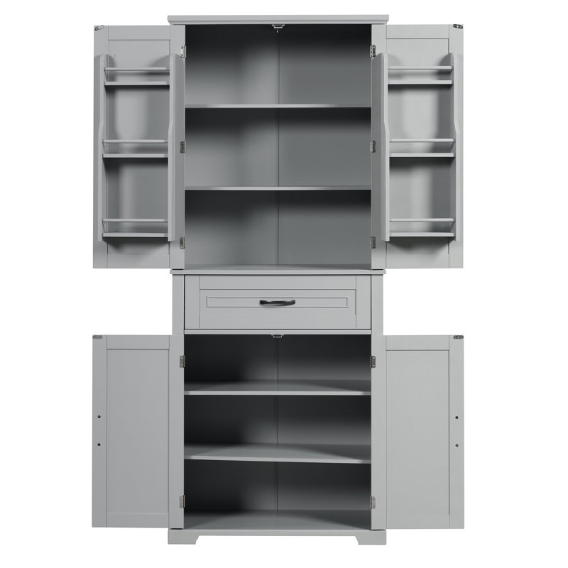 Armoire de salle de bain avec tablette réglable grise - charnières en acier inoxydable, 1 grand tiroir spacieux, 4 portes, construction