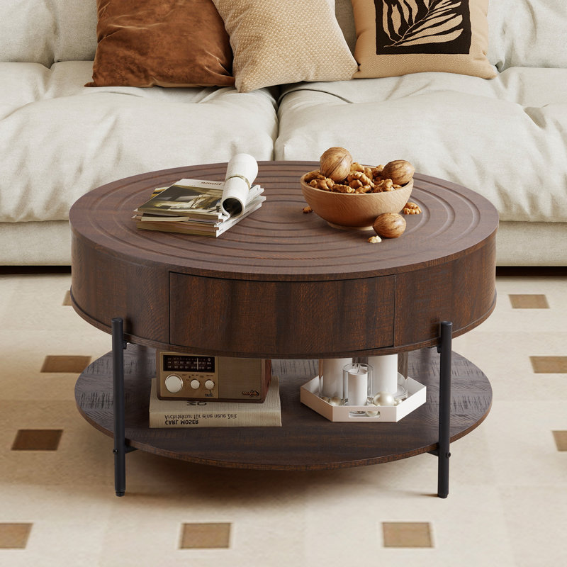 Table basse ronde 30,47 po avec tiroirs, Marron foncé