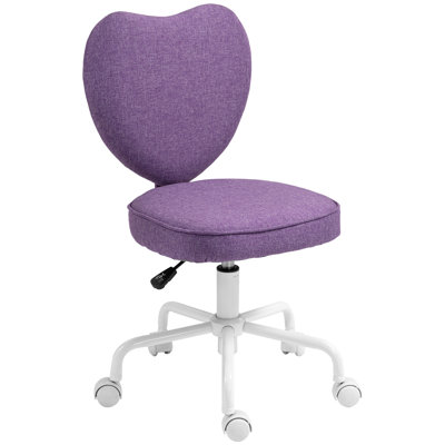 Armless Home Office Desk Chair, Modern Fabric Makeup Vanity Chair with Heart Shape, Swivel Wheels, Height Adjustable, Purple
