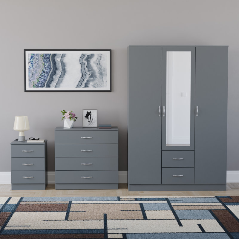 Maybery 3 Piece Bedroom Set (3 Drawer Bedside Chest, 4 Drawer Chest, 3 Door 2 Drawer Mirrored Wardrobe), (5), Grey
