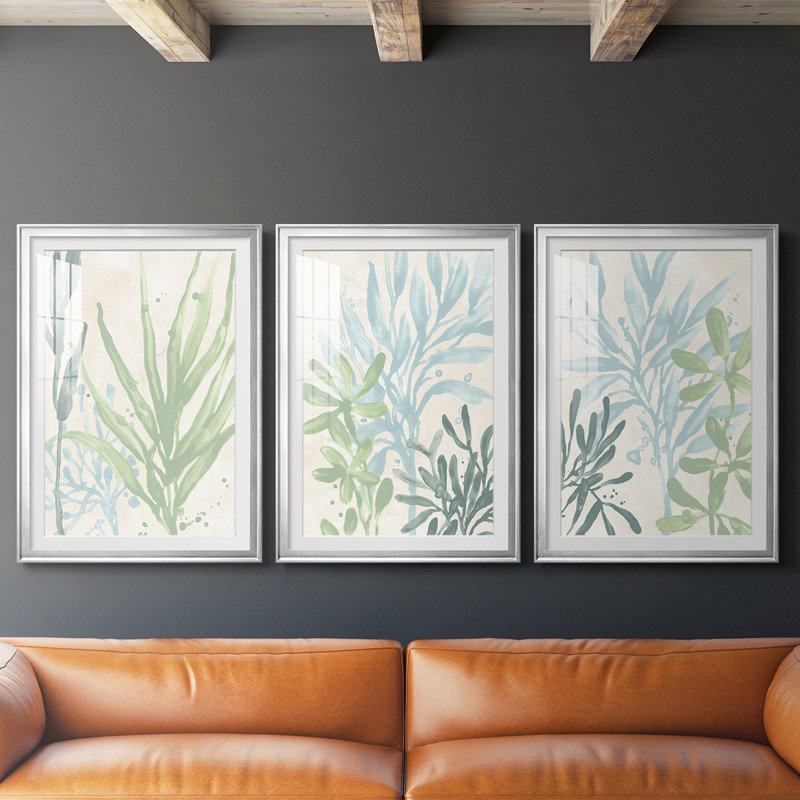 Swaying Seagrass I - Impression sur mesure avec cadre de qualité supérieure - 3 pièces, Argent argent, H 19 po x l 27 po
