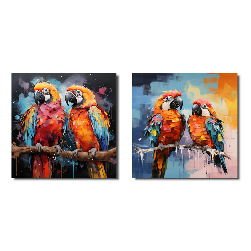 Vibrant Duets S - Parrot S - animaux, ensemble de 2 collages carrés, H 16 po x l 33 po, Toile tendue