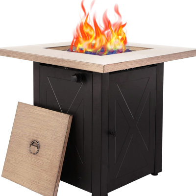 Table de foyer d'extérieur au gaz 28 pouces, 48000. Carré au propane Couvercle en grain de bois Bionic. Idéal pour une utilisation dans la cour, le jardin, la fête, la terrasse et la cour. Acier brun. 28,46 po Profondeur / largeur, 24,46 po