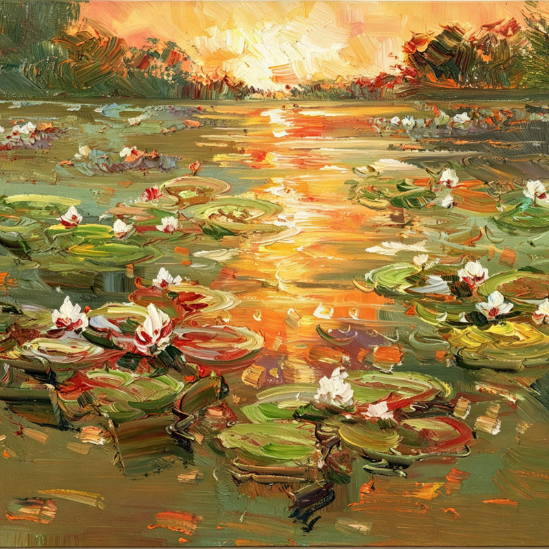 «Glowing Sunset Water Lilies», reproduction d'art sur toile, impressionnant empâtement floral étang, art mural nature