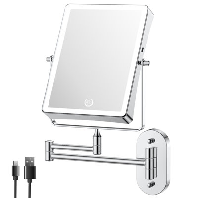 Modern LED Rectangular Metal Rechargeable Wall-Mounted Makeup Mirror, Chrome