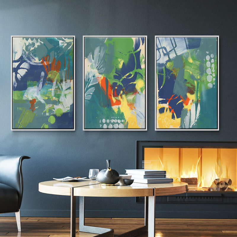 Ensemble de 3 graphiques tropicaux encadrés sur toile I, H 27 po x l 54 po, Blanc