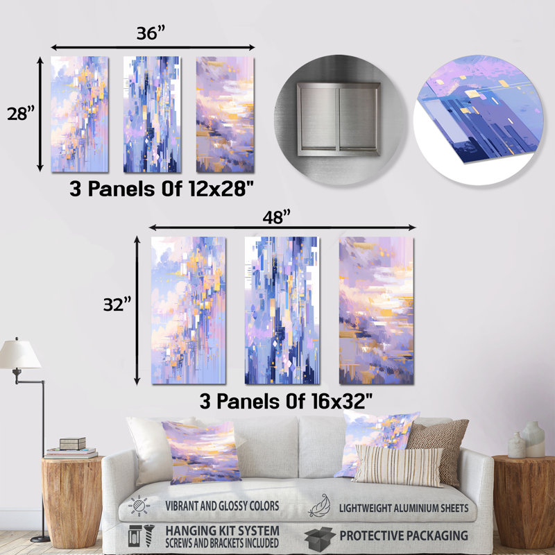 «Contemporary Lavender Bold Illumination», ensemble de 3 impressions géométriques abstraites en métal, H 28 po x l 36 po